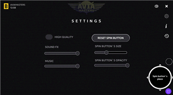 Aviamasters — pannello impostazioni: volume, dimensione pulsante spin, opacit&agrave;